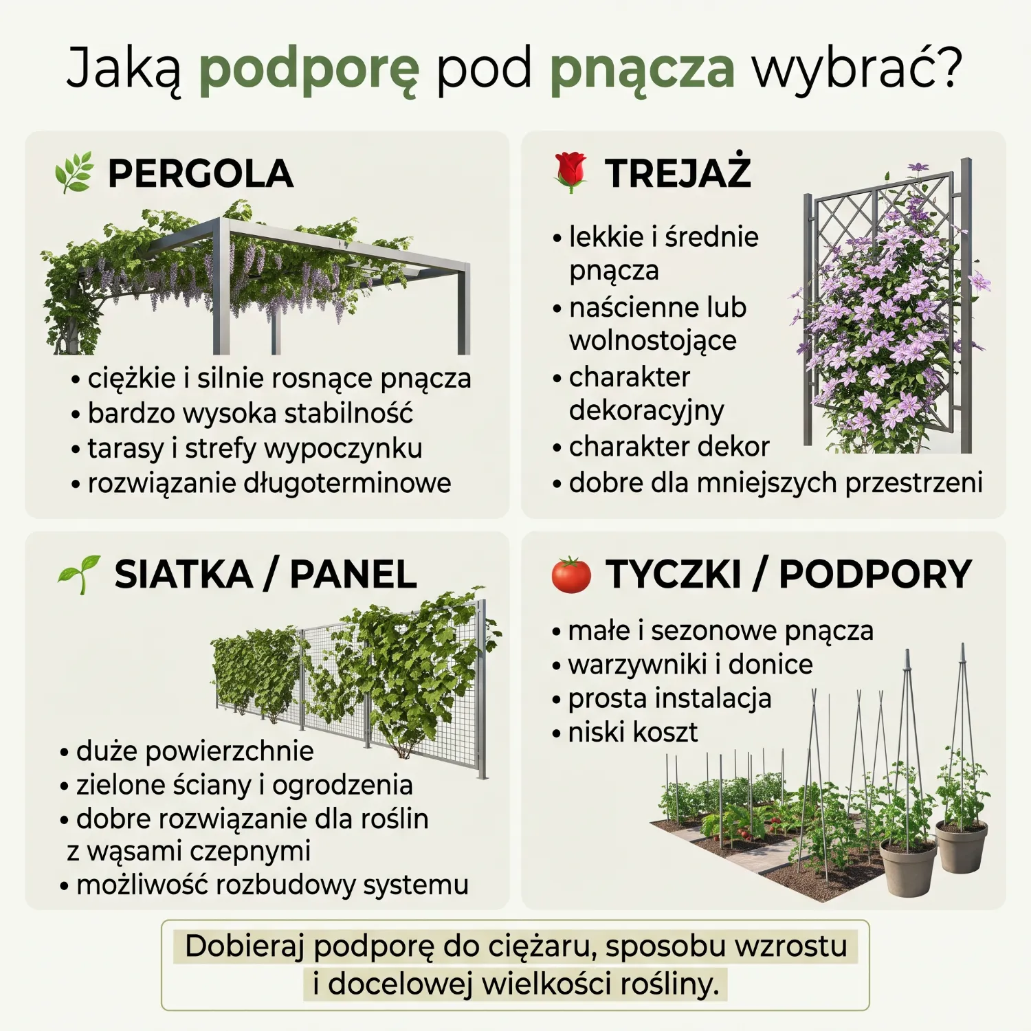 Infografika porównująca cztery rodzaje podpór dla pnączy (pergola, trejaż, siatka, tyczki) z przykładami roślin i cechami (zastosowanie, stabilność, koszt)